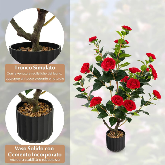 Albero di Camelia Artificiale da 95 cm, Pianta Artificiale con Fiori Finti in Vaso di Cemento, Decorazione per Casa e Ufficio (Rosso)