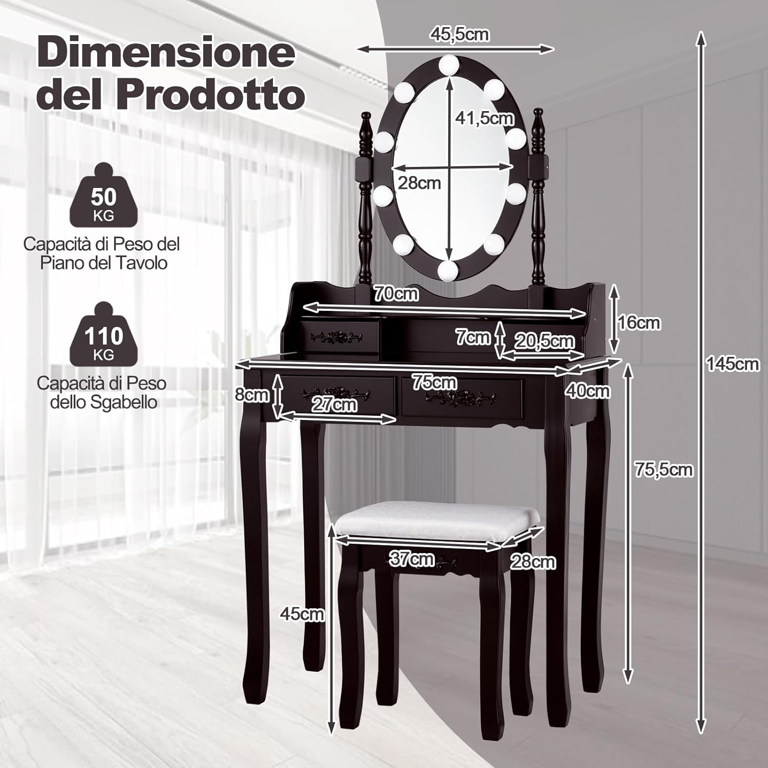 Toeletta Trucco con Specchio e 10 Luci LED, Luminosit¨¤ Regolabile, Postazione Trucco con Sgabello Imbottito, Tavolo da Trucco Scrivania con 4 Cassetti Camera da Letto (Nero)
