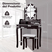 Toeletta Trucco con Specchio e 10 Luci LED, Luminosit¨¤ Regolabile, Postazione Trucco con Sgabello Imbottito, Tavolo da Trucco Scrivania con 4 Cassetti Camera da Letto (Nero)