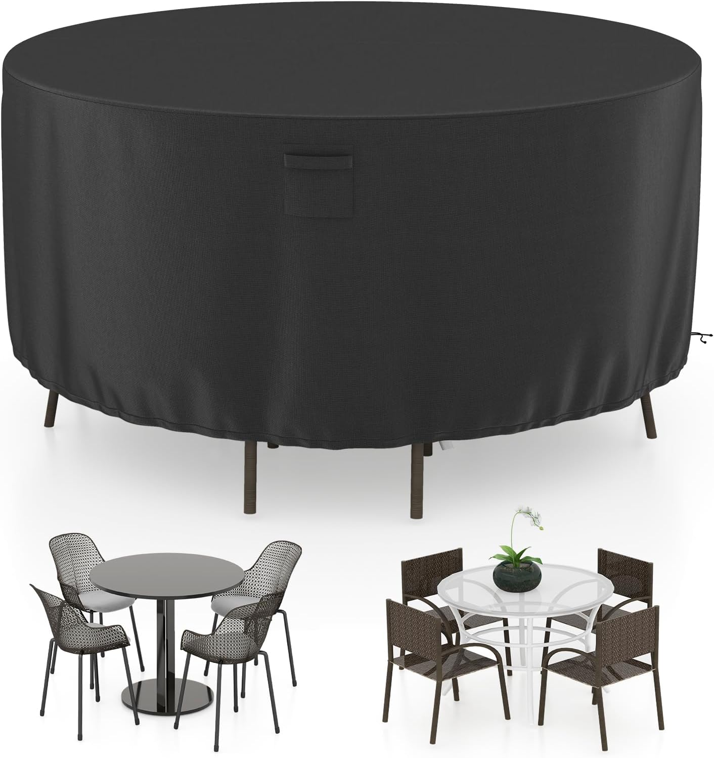 Copertura per Mobili da Giardino Rotonda da 158/183/213 CM, Copertura per Tavolo e Sedie da Esterno con Ventilazione, Fibbie e Coulisse, Impermeabile (L, Nero)