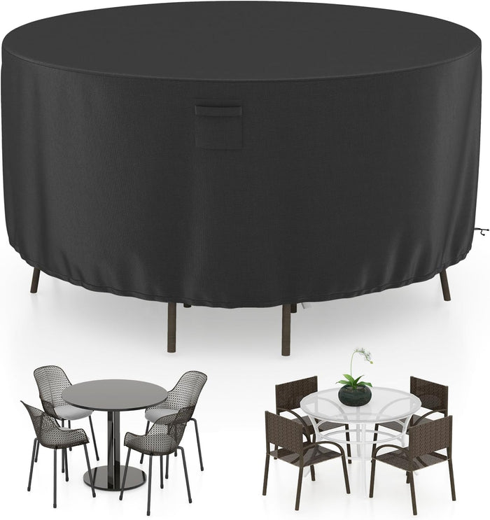 Copertura per Mobili da Giardino Rotonda da 158/183/213 CM, Copertura per Tavolo e Sedie da Esterno con Ventilazione, Fibbie e Coulisse, Impermeabile (L, Nero)