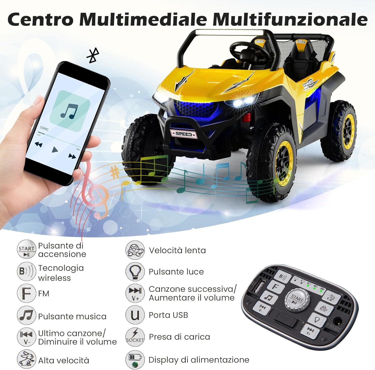 12V Auto Elettrico per Bambini, Macchina Fuoristrada a 2 Posti, Macchina Elettrica con Luci Suoni, Regalo per Bambini 3-8 Anni, 118x74x71 cm (Giallo)