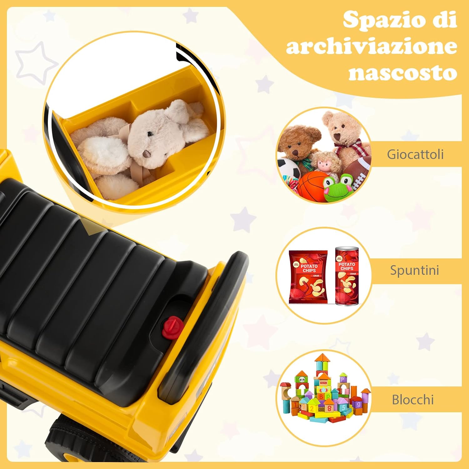 Escavatore Giocattolo Cavalcabile, Ruspa per Bambini con Benna da Scavo Girevole, Clacson e Spazio di Archiviazione Nascosto, Regalo per Bambini 1-3 Anni, Giallo (Stile 2)