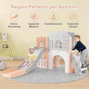 Scivolo per Bambini 9 in 1, Set da Gioco con Canestro da Basket, Telescopio, Volante, Corridoio, Tunnel e Spazio di Archiviazione, Scivolo da Interno ed Esterno per 1+ Anni (Rosa+Grigio)