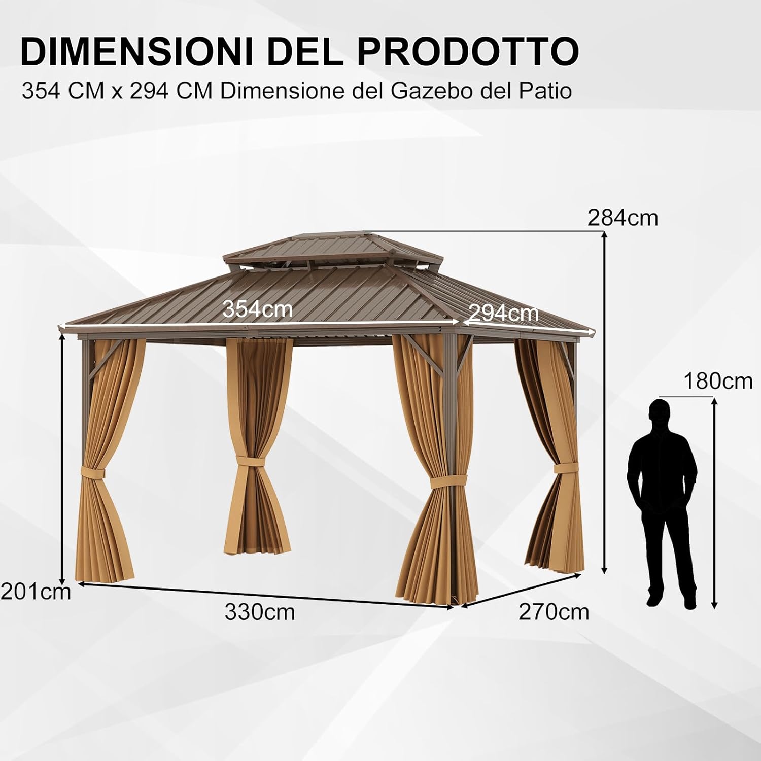 Gazebo da Giardino 3,5 x 3 m Hardtop Doppio Tetto, Gazebo in Metallo Zincato e Alluminio Effetto Legno con Zanzariera e 4 Teli Laterali, Gazebo Hardtop per Terrazza e Giardino, Marrone