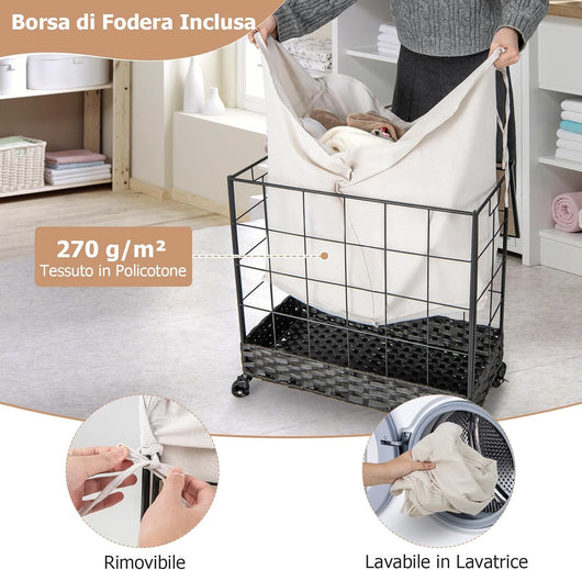 130 L Cesto Portabiancheria con Coperchio, Cesto per Bucato con Sacchetto Interno Divisibile Removibile e Ruote Bloccabili, con Maniglia, per Camera da Letto Lavanderia Bagno, 68x34x67 cm