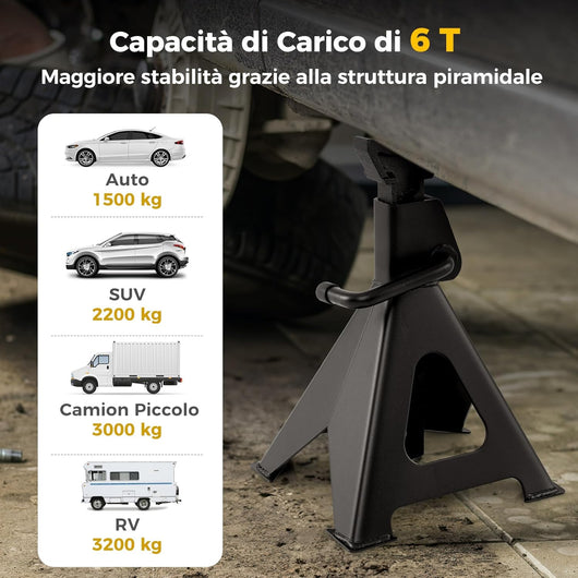 Coppia di Cavalletti per Auto con Portata di 6 Tonnellate, Cavalletti Auto Treppiedi a Cremagliera Altezza di Sollevamento 360-585 mm, Cavalletti Supporto Solleva Auto, Nero
