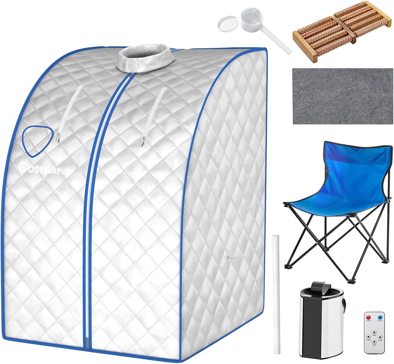 Sauna a Vapore Portatile 3 L, Cabina Domestica per SPA, 9 Temperature Regolabili, 15-90 Minuti, Telecomando e Sedia, 1000W (Argento)