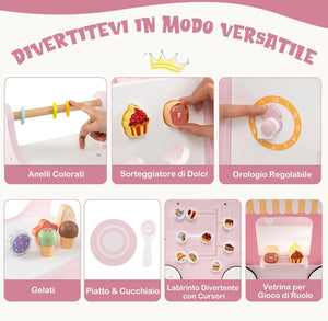 Girello 2 in 1 per Bambini, Carrello Primi Passi in Legno con Spazio di Archiviazione, Negozio di Dolci con Gelati, Cursori, Labirinto, Piatto e Cucchiaio, Centro Attività per 1+ Anni (Rosa)