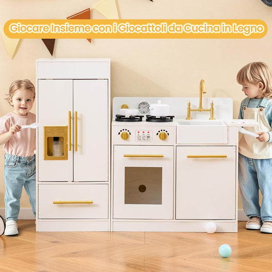 Cucina Giocattolo per Bambini, Cucina per Bambini in Legno con Frigorifero, Fornello, Lavandino, Macchina per il Ghiaccio, Orologio, Lavastoviglie e Accessori, per 3+ Anni
