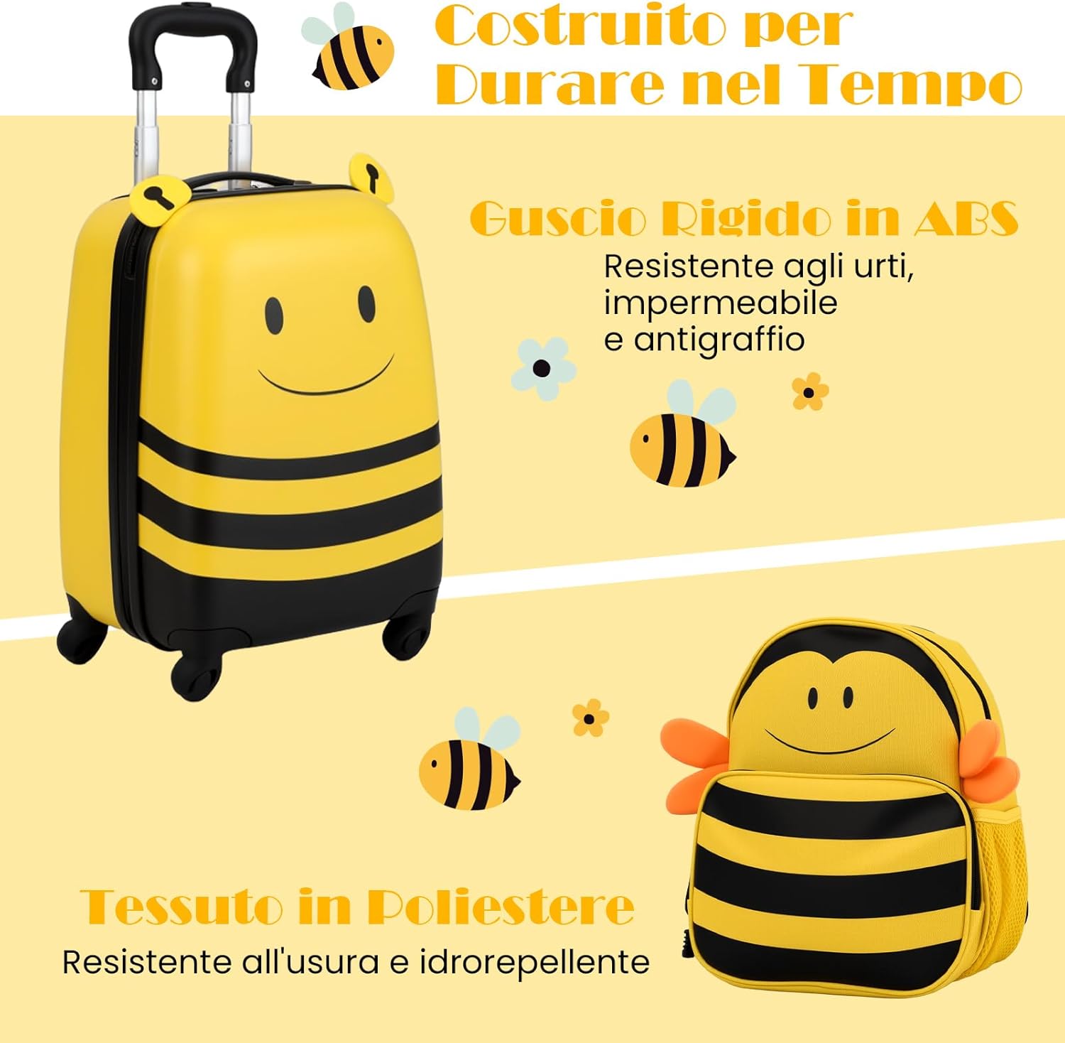 Set di Valigia per Bambini, 16" Valigia+ 12" Zaino, 2 Pezzi, con Ruote Girevoli a 360° e Maniglia Retrattile, Ideale per Viaggiare in Modo Comodo e Divertente (Modello 24)