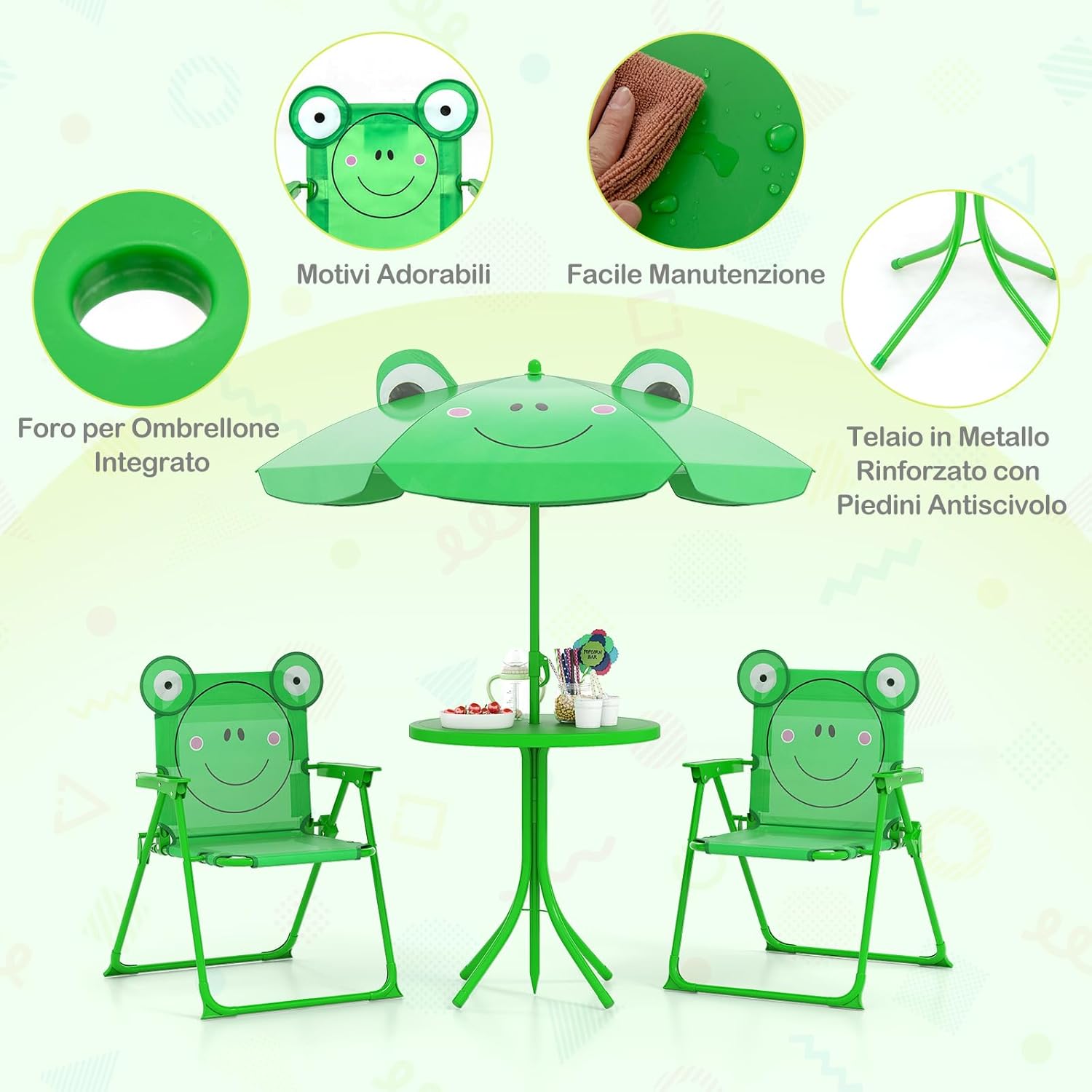 Set Tavolo da Giardino Bambini con 2 Sedie Pieghevoli, Tavolino da Esterno con Ombrellone in Poliestere Regolabile in Altezza, Set Mobili da Giardino per Bambini 3-6 Anni (Rana, Verde)