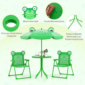 Set Tavolo da Giardino Bambini con 2 Sedie Pieghevoli, Tavolino da Esterno con Ombrellone in Poliestere Regolabile in Altezza, Set Mobili da Giardino per Bambini 3-6 Anni (Rana, Verde)