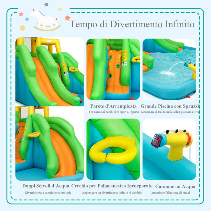 Castello Gonfiabile per Bambini, Con Scivolo, Parete di Arrampicata, Piscina e Canestro da Basket, per 3 Bambini di 3-10 Anni, 400 x 360 x 255 cm (Senza soffiatore)