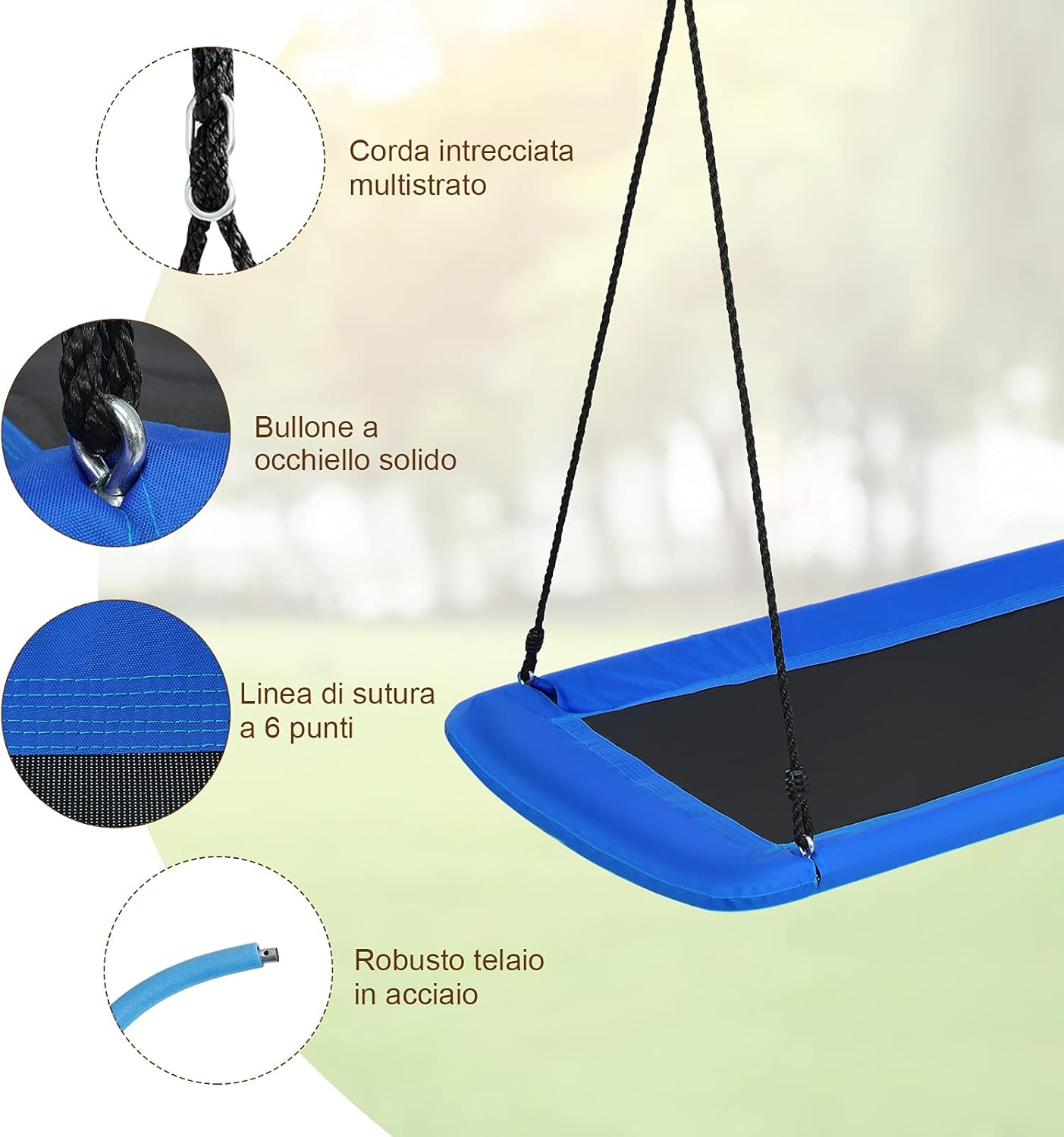 Altalena da Giardino per Bambini, Altalena 150cm con Struttura in Acciaio, Con Corde Regolabili, Adatta per Portico Cortile Giardino (Blu)