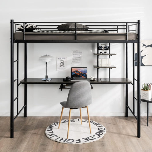 Letto a Soppalco in Metallo, Struttura del Letto Salvaspazio con 2 Scale e Scrivania, Letto a Doghe Ideale per Adolescenti e Adulti, 200x95x180,5 cm (Nero)