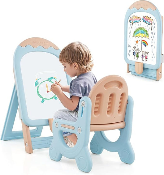 Lavagna Cancellabile con Sedia per Bambini, Set Tavolo e Sedie per Bambini con Scatola Portaoggetti, Piedini Antiscivolo, Cancellino e Pennarelli, Cavalletto per Cameretta (Blu)