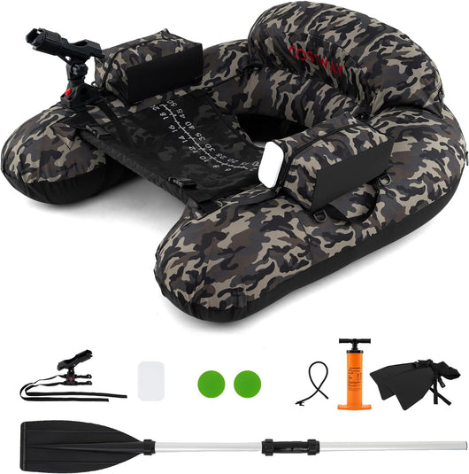 Barca Gonfiabile da Pesca, Belly Boat Portatile con Portacanna Regolabile, Supporto per Ami, Pagaia in Alluminio, Pinne, Pompa e Kit di Riparazione, Portata 150 kg