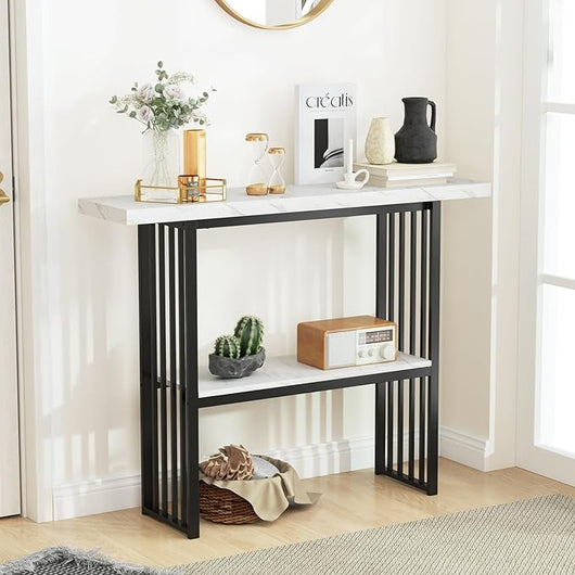 Tavolo da Ingresso Stretto e Compatto, Tavolo da Divano in Finto Marmo con Struttura in Acciaio, Consolle Moderno per Salotto e Corridoio, 120 x 29,5 x 92,5 cm (Nero e Bianco)