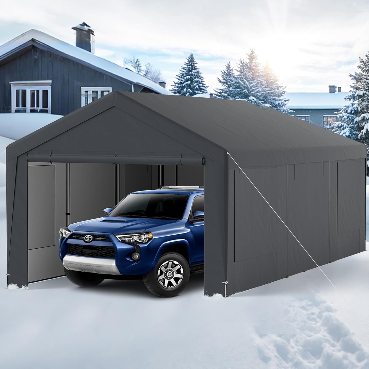 Tenda Garage per Auto Impermeabile, Cappanone Posto Auto con 4 Porte e 4 Finestre a Rete Arrotolabile, Tendone Multiuso a Pareti Laterali Rimovibile per Feste ed Eventi, 595 x 300 x 280 cm