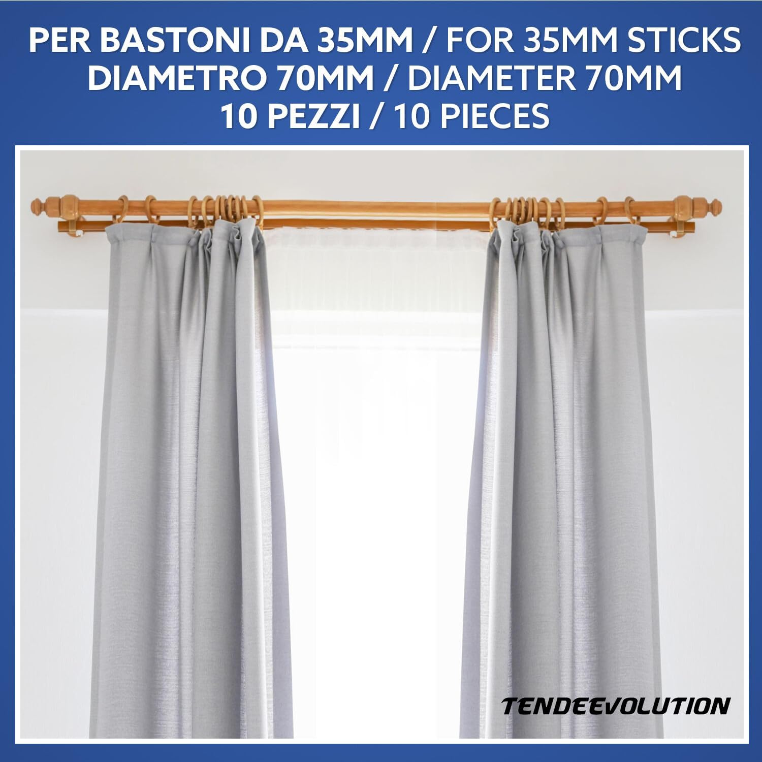 Set di 10 Anelli in Legno Colore Olmo per Bastoni di Tenda in Legno, Diametro 35mm - Robusti ed Eleganti