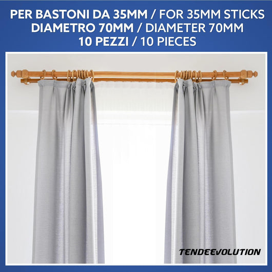 Set di 10 Anelli in Legno Colore Noce  per Bastoni di Tenda in Legno, Diametro 35mm - Robusti ed Eleganti