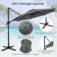 Ombrellone da Esterno 294 cm, Ombrellone con Rotazione a 360°, 5 Angoli di Inclinazione Regolabili, Base a Forma di Croce, 8 Stecche, Ombrellone per Giardino, Piscina, Cortile