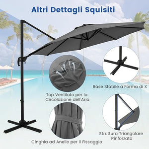 Ombrellone da Esterno 294 cm, Ombrellone con Rotazione a 360°, 5 Angoli di Inclinazione Regolabili, Base a Forma di Croce, 8 Stecche, Ombrellone per Giardino, Piscina, Cortile