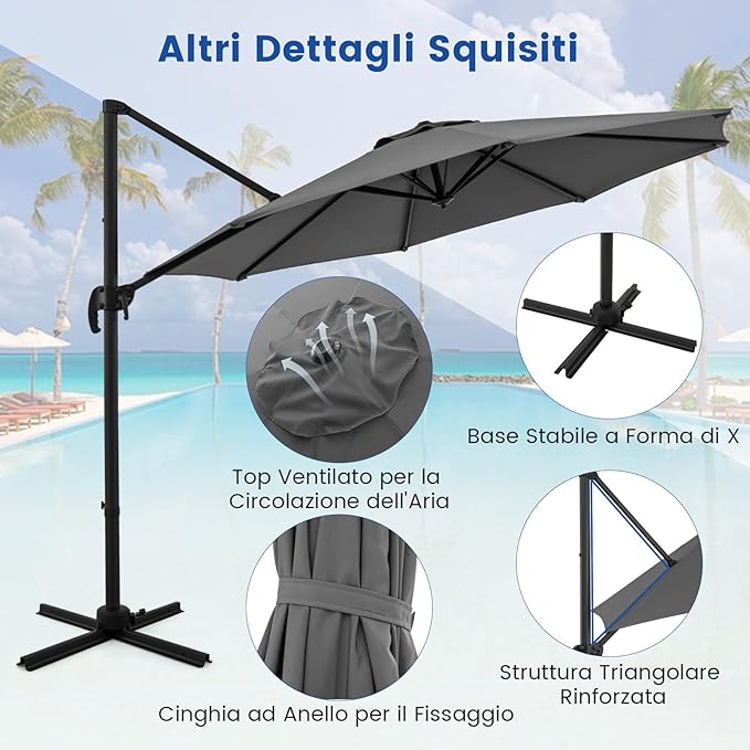 Ombrellone da Esterno 294 cm, Ombrellone con Rotazione a 360°, 5 Angoli di Inclinazione Regolabili, Base a Forma di Croce, 8 Stecche, Ombrellone per Giardino, Piscina, Cortile