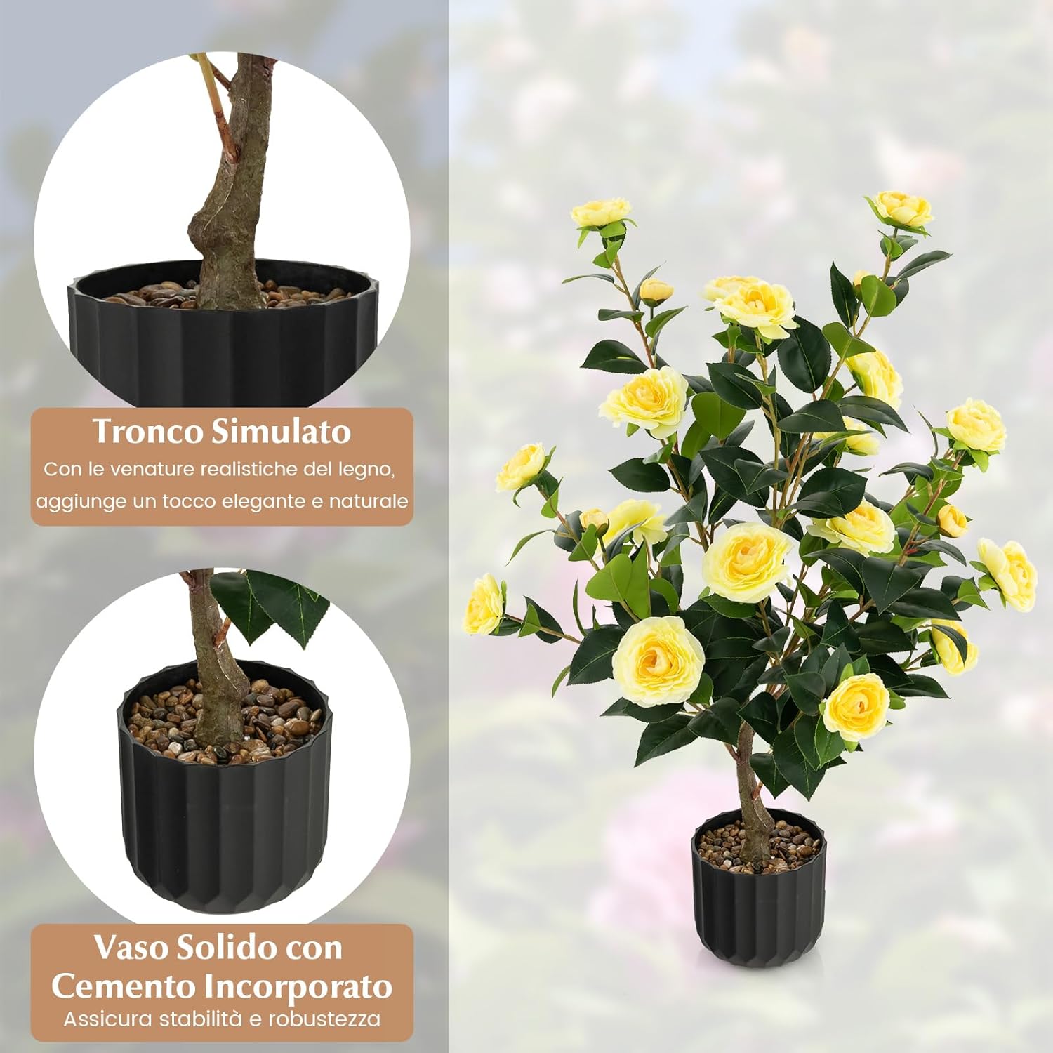 Albero di Camelia Artificiale da 95 cm, Pianta Artificiale con Fiori Finti in Vaso di Cemento, Decorazione per Casa e Ufficio (Giallo)