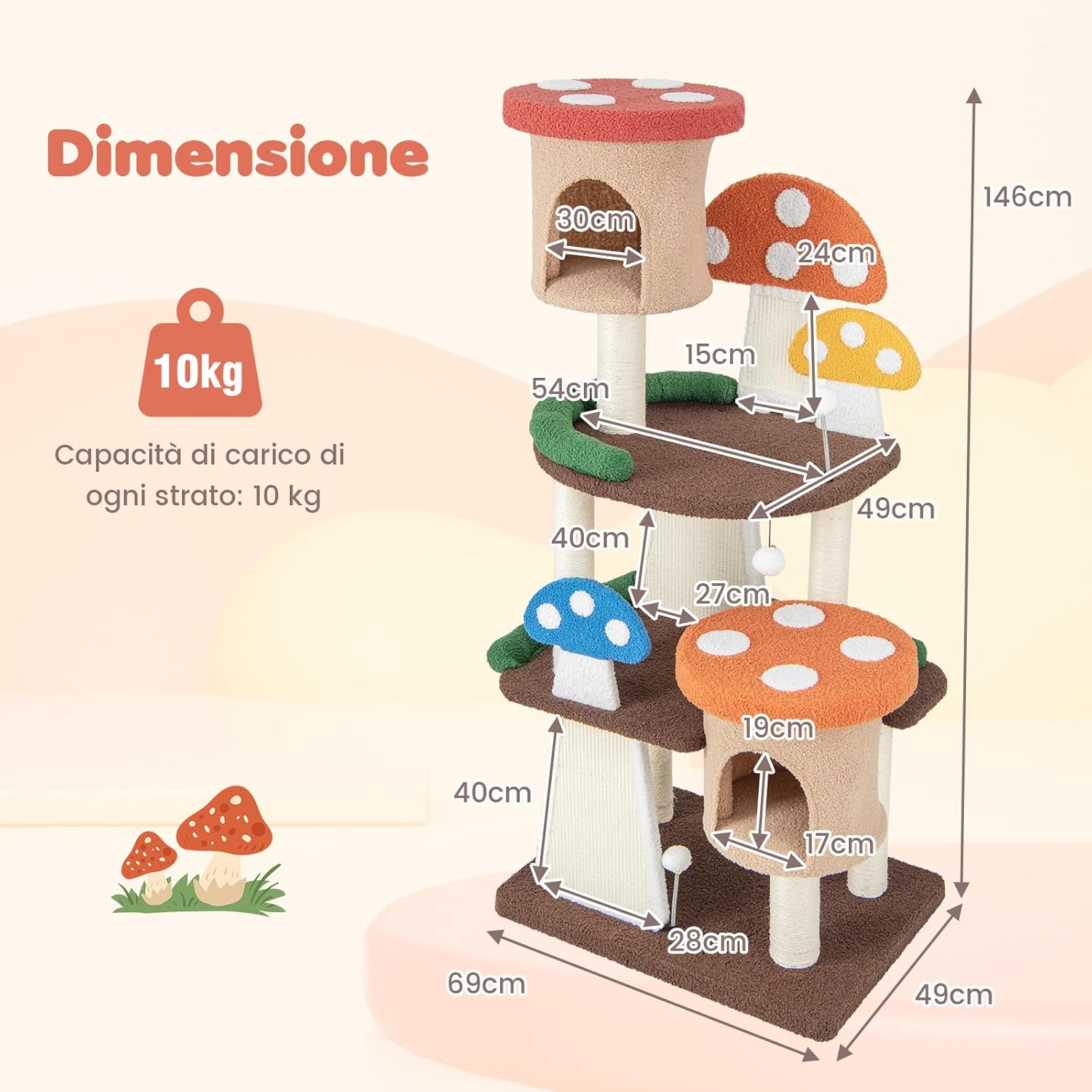 Albero per Gatti 4 in 1, Torre Multilivello per Gatti con 2 Condo e Piattaforme, Centro di Attività per Gatti con Pali e Tiragraffi in Sisal, Palline Interattive