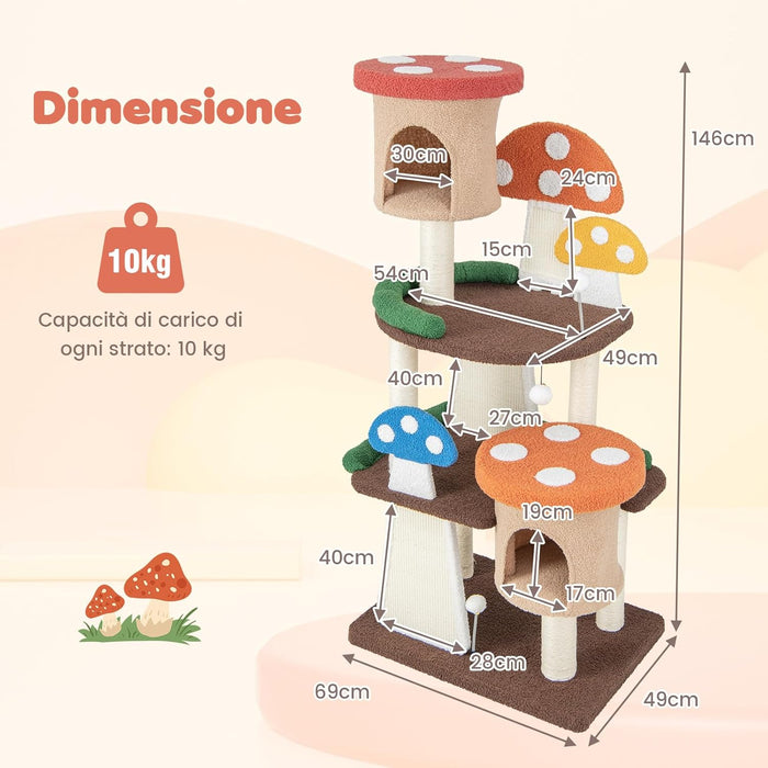 Albero per Gatti 4 in 1, Torre Multilivello per Gatti con 2 Condo e Piattaforme, Centro di Attività per Gatti con Pali e Tiragraffi in Sisal, Palline Interattive