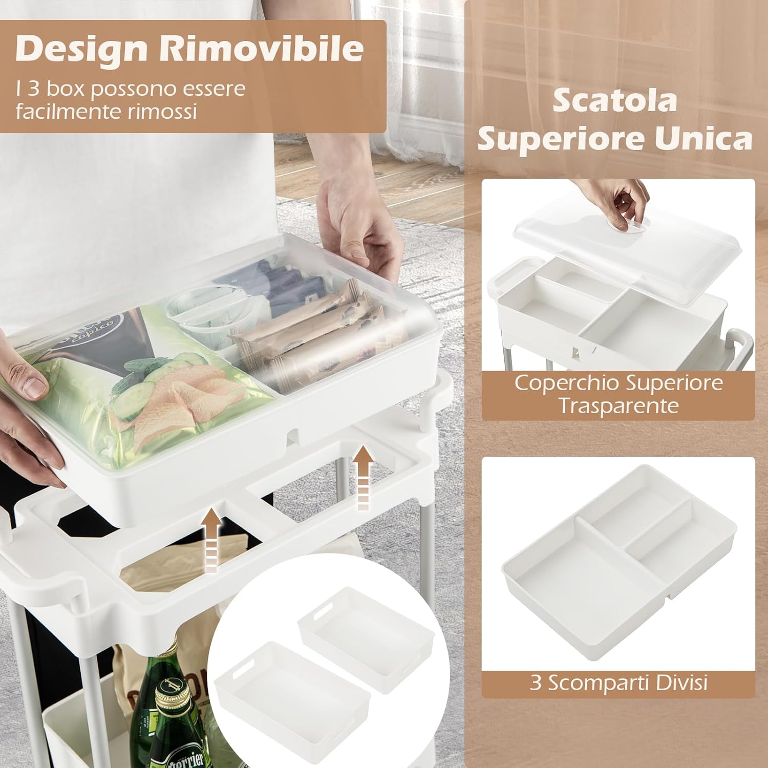 Carrello a 3 Livelli con Ruote Bloccabili, Carrello di Stoccaggio con Coperchio e Scaffali Rimovibili, Struttura in Lega di Alluminio, per Soggiorno Cucina Ufficio, 46x21x82 cm