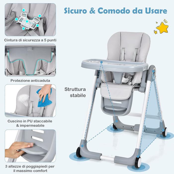 Seggiolone Pappa, Seggiolone Pieghevole con 4 Ruote, Seggiolone per Bambini con Altezza, Schienale e Poggiapiedi Regolabili, Vassoio Rimovibile, per Bambini 6-36 Mesi, Fino a 15 kg