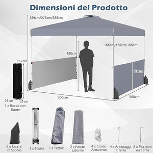 Gazebo Pieghevole 3 x 3 m da Esterno Impermeabile, Gazebo da Esterno con Borsa da Trasporto con Ruote, Tenda Pop-up Regolabile in Altezza per Giardino, Spiaggia, Feste e Barbecue (Grigio)