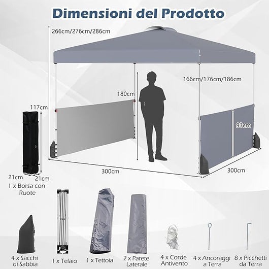 Gazebo Pieghevole 3 x 3 m da Esterno Impermeabile, Gazebo da Esterno con Borsa da Trasporto con Ruote, Tenda Pop-up Regolabile in Altezza per Giardino, Spiaggia, Feste e Barbecue (Grigio)