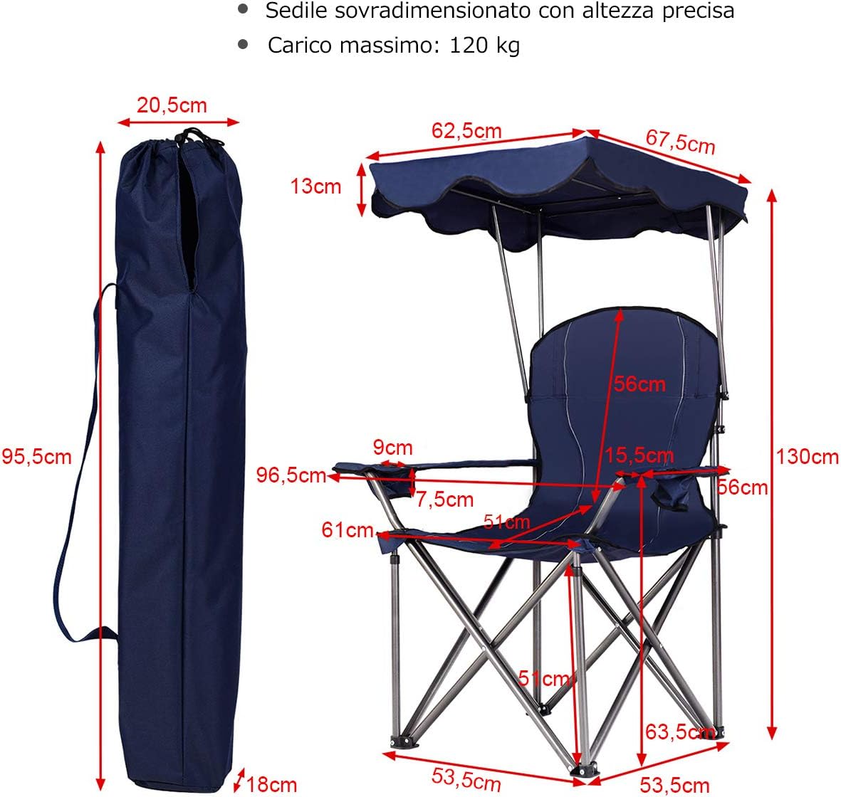 Sedia da Campeggio con Parasole, Sedia Pieghevole da Spiaggia con Portabicchieri, Braccioli Imbottiti, Portatile Reclinabile, Acciaio Carico 120 kg (Blu)