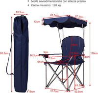 Sedia da Campeggio con Parasole, Sedia Pieghevole da Spiaggia con Portabicchieri, Braccioli Imbottiti, Portatile Reclinabile, Acciaio Carico 120 kg (Blu)
