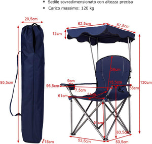 Sedia da Campeggio con Parasole, Sedia Pieghevole da Spiaggia con Portabicchieri, Braccioli Imbottiti, Portatile Reclinabile, Acciaio Carico 120 kg (Blu)