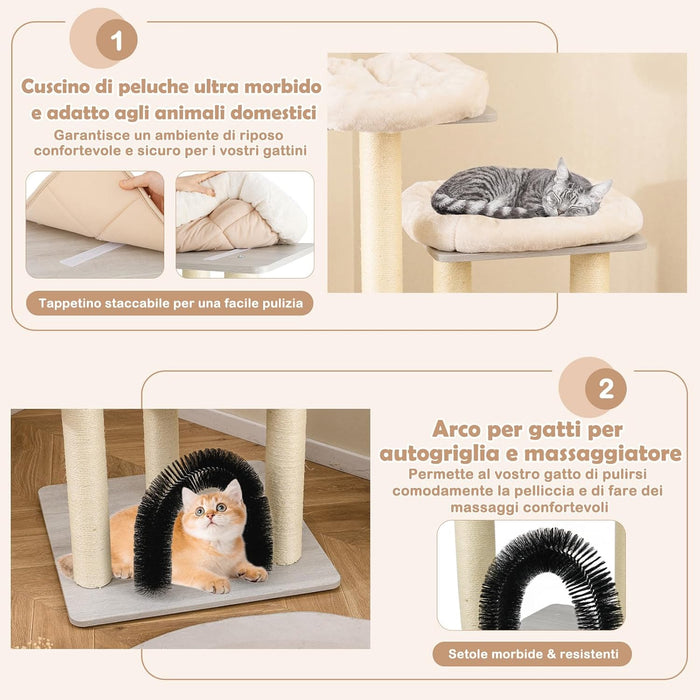 Albero Tiragraffi per Gatti 176 cm, Tiragraffi per Gatti con 2 Trespoli in Tessuto Felpato, Arco Massaggiante, Cuccia, Pali in Sisal e Tapettini Lavabili, Torre per Animali Domestici (Grigio)
