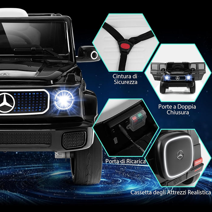 Benz Auto Cavalcabile per Bambini, Veicolo Elettrico 4WD con Telecomando Luci Musica e Clacson, Sospensione a Molla, 3-5 KM/H, per 37-96 Mesi (Nero)