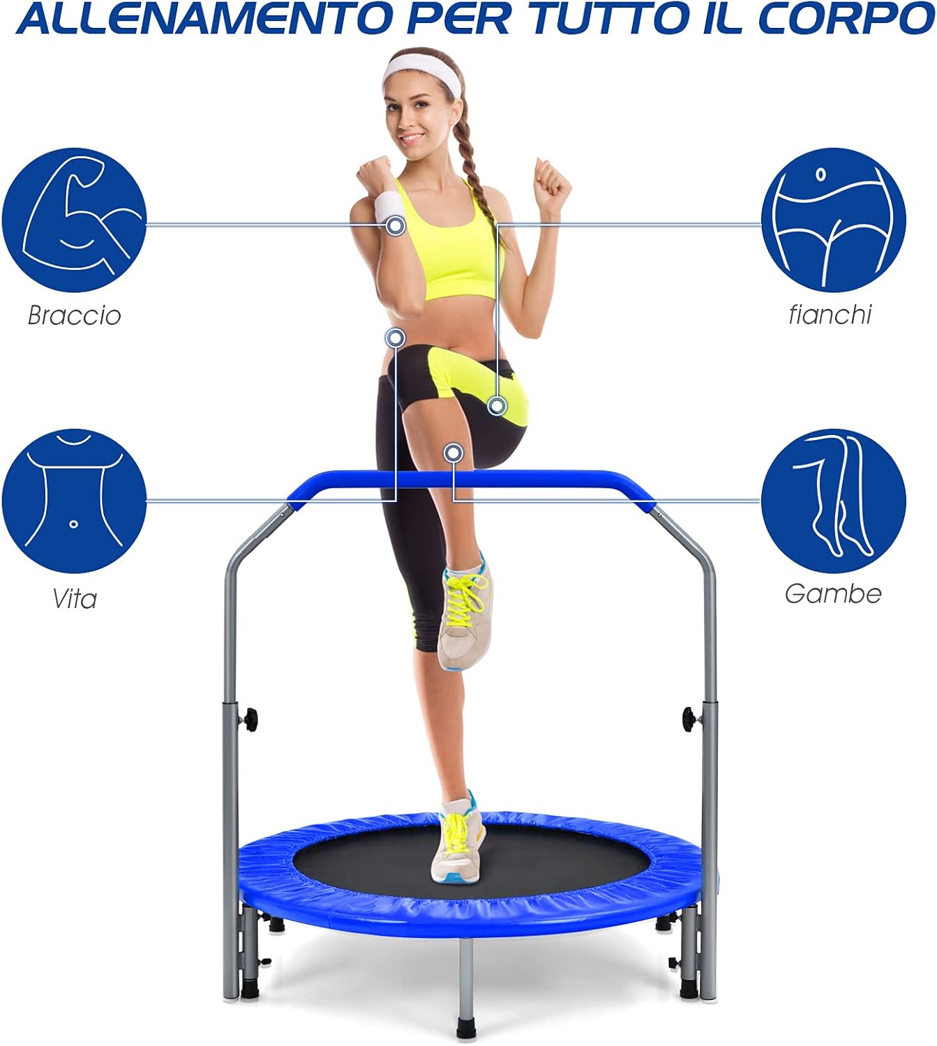 Trampolino per Bambini e Adulti, Tappeto Elastico Pieghevole e Regolabile in 4 Altezze con Maniglia, Capacità di Carico 150 kg