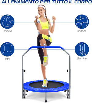 Trampolino per Bambini e Adulti, Tappeto Elastico Pieghevole e Regolabile in 4 Altezze con Maniglia, Capacità di Carico 150 kg