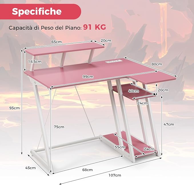 Scrivania Angolare Salvaspazio, Scrivania da Gaming con Prese, Porte USB, Ripiano per Monitor, Gancio per Cuffie, Ripiano e Supporto per CPU, Scrivania ad Angolo per Casa e Ufficio (Rosa)