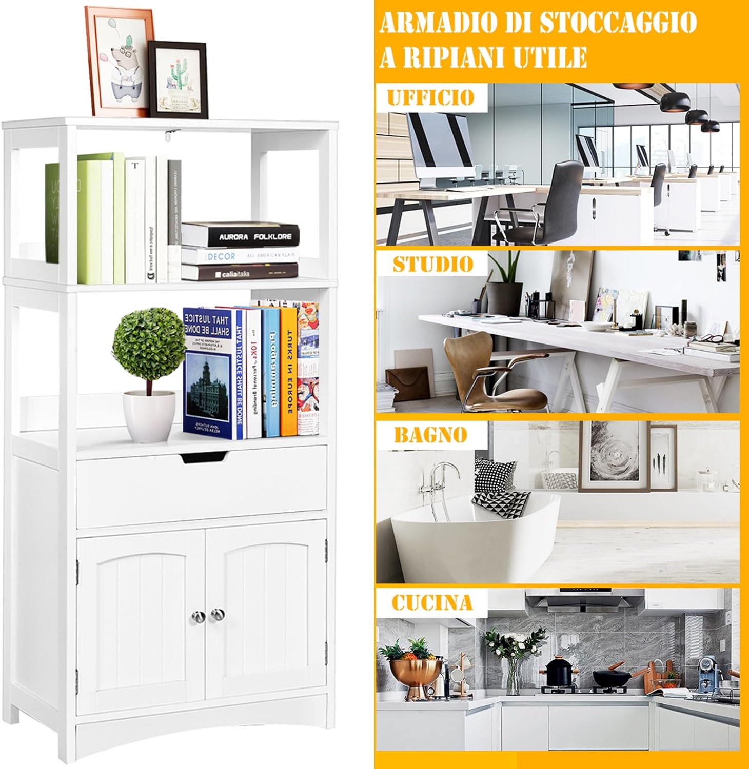 Armadietto del bagno con cassetto e mensola, armadio con 2 mensole aperte e 2 ante, armadietto per cucina, ingresso, salone e camera da letto, armadietto in legno (Bianco)