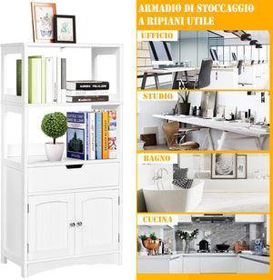 Armadietto del bagno con cassetto e mensola, armadio con 2 mensole aperte e 2 ante, armadietto per cucina, ingresso, salone e camera da letto, armadietto in legno (Bianco)
