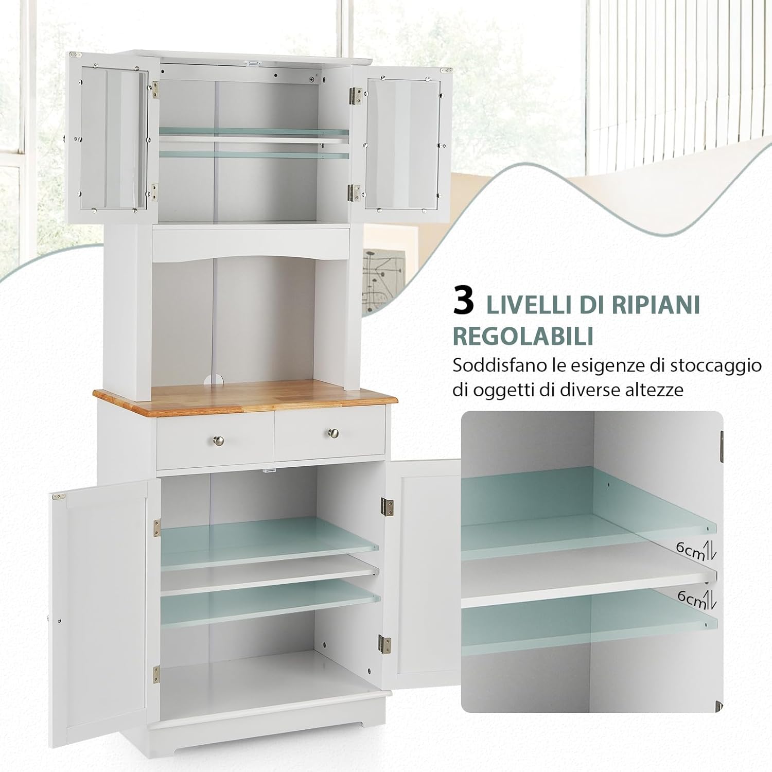 Mobile dispensa da cucina autoportante, Buffet con Piano in Legno, Credenza e 2 Cassetti, Ripiani Regolabili, Armadietto con Ante in Vetro, Spazio Aperto per Forno a Microonde, Bianco