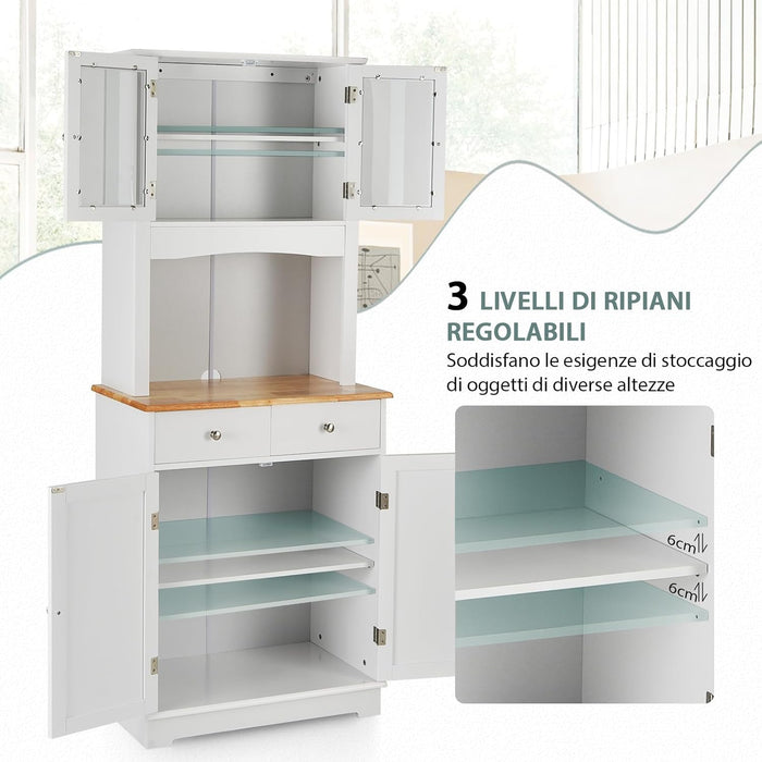 Mobile dispensa da cucina autoportante, Buffet con Piano in Legno, Credenza e 2 Cassetti, Ripiani Regolabili, Armadietto con Ante in Vetro, Spazio Aperto per Forno a Microonde, Bianco