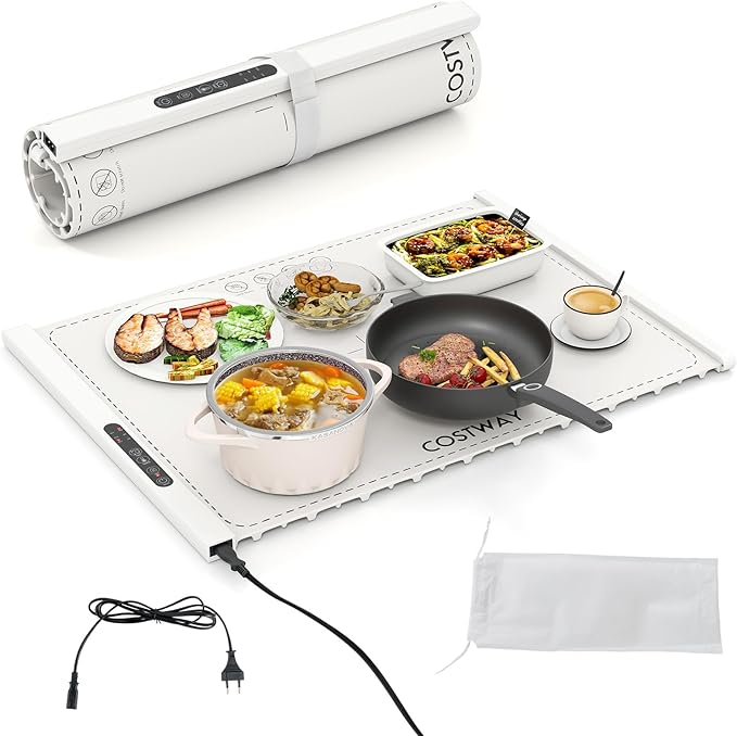 Vassoio Riscaldante Elettrico, Tappetino Riscaldante in Silicone Portatile, con Temperatura Regolabile Timer e Blocco per Bambini, per Buffet, Feste e Cucina (60 x 44 cm,Bianco)