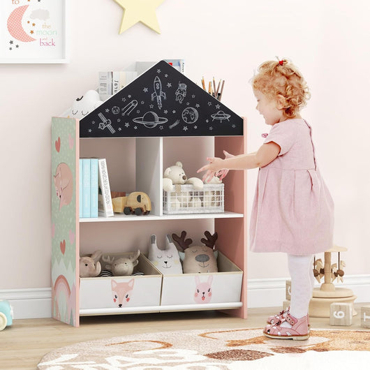 Libreria per Bambini, Organizzatore in Legno a Forma di Casa Bambole, con 2 in 1 Lavagne 4 Scomparti 2 Ripiani e 2 Cassetti, per Stanza Giochi Camera da Letto, 63x27x90 cm (Rossa)